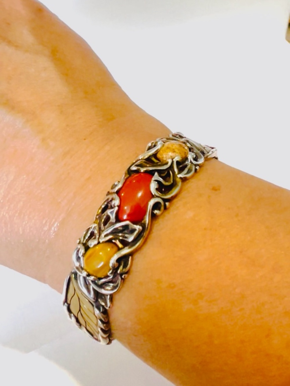 Carolyn Pollack Silver Bracelet with Red and Amber Stones